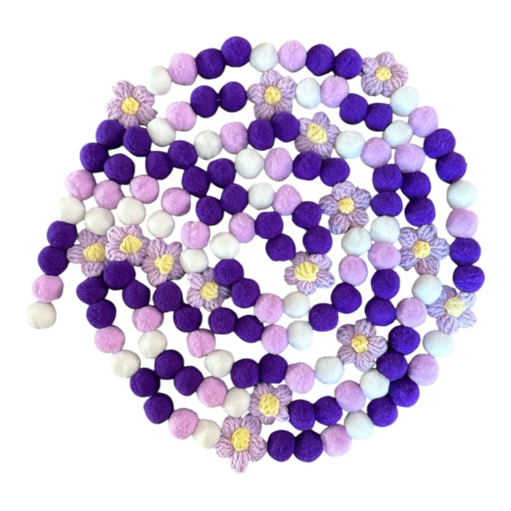 10 ft Valentine's Day Purple Light Purple Floral Pom Pom Garland Handmade Wire